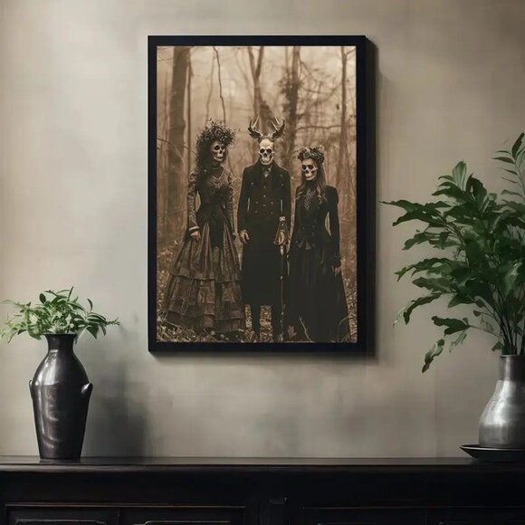 Unframed Gothic Wall Art Canvas Print - Skeleton Skull Figures w Antlers - Picture 1 of 2